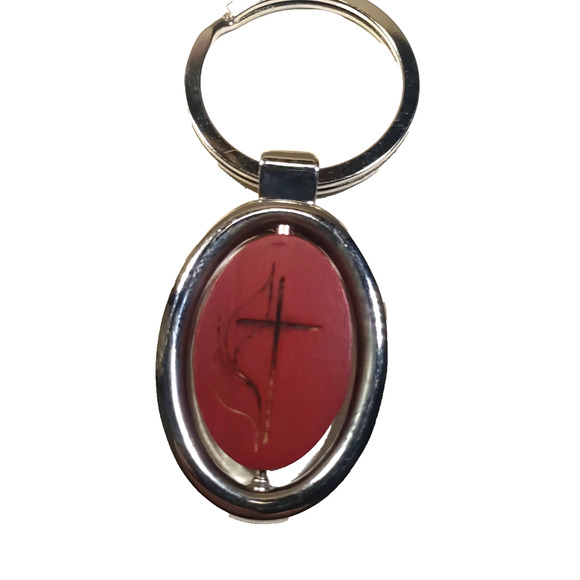 Religious Keychain Wooden Silver Tone Spinner Etched Cross - Picture 3 of 5